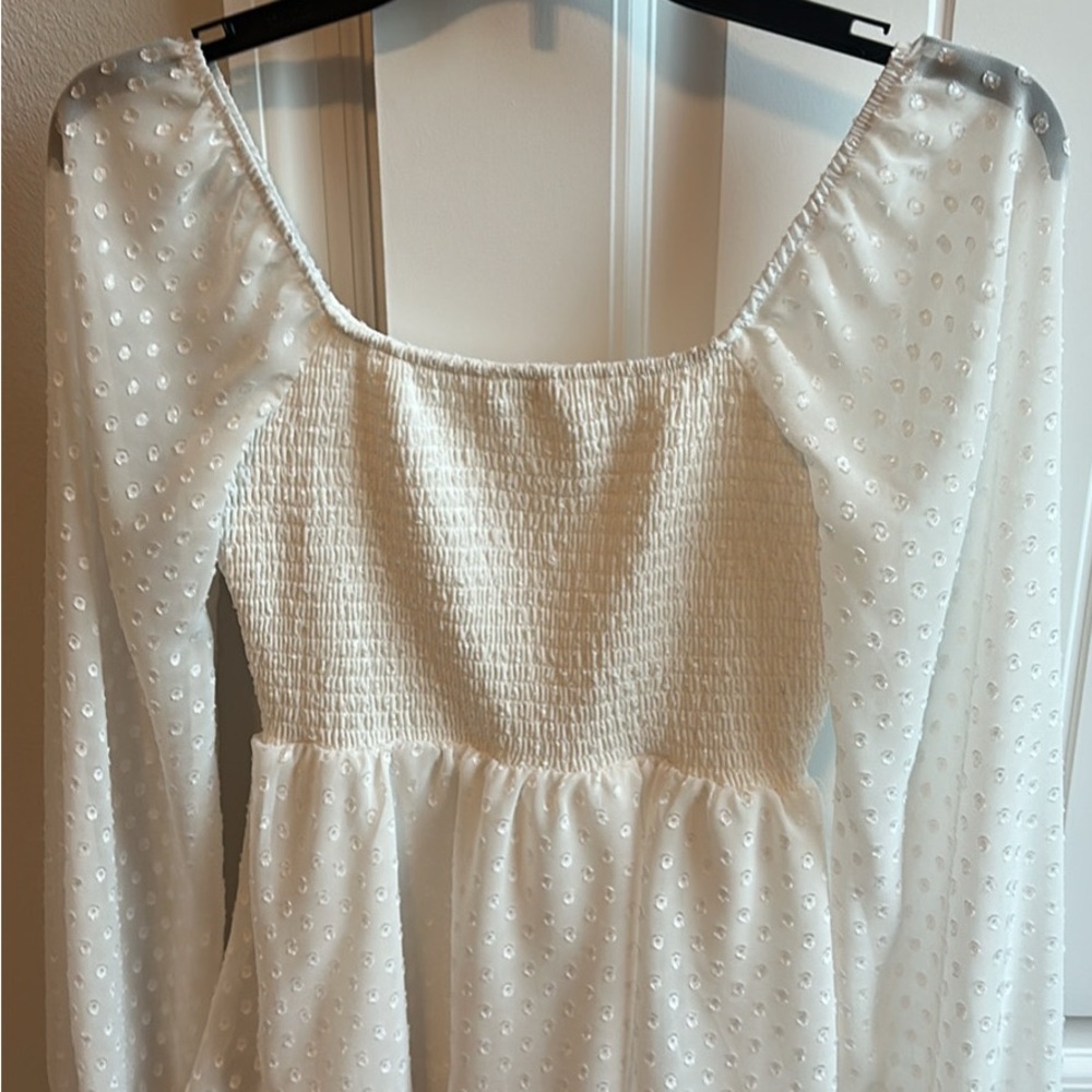 Altar'd State White Smocked Sundress with Bishop Sleeves